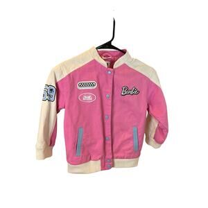 Barbie Pink Varsity Jacket Snap Front Racing Patches Girls 5–6